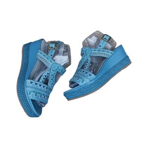 Sundance Pampil Leather Cut out Wedge Sandals Size 38 Blue Boho Southwest